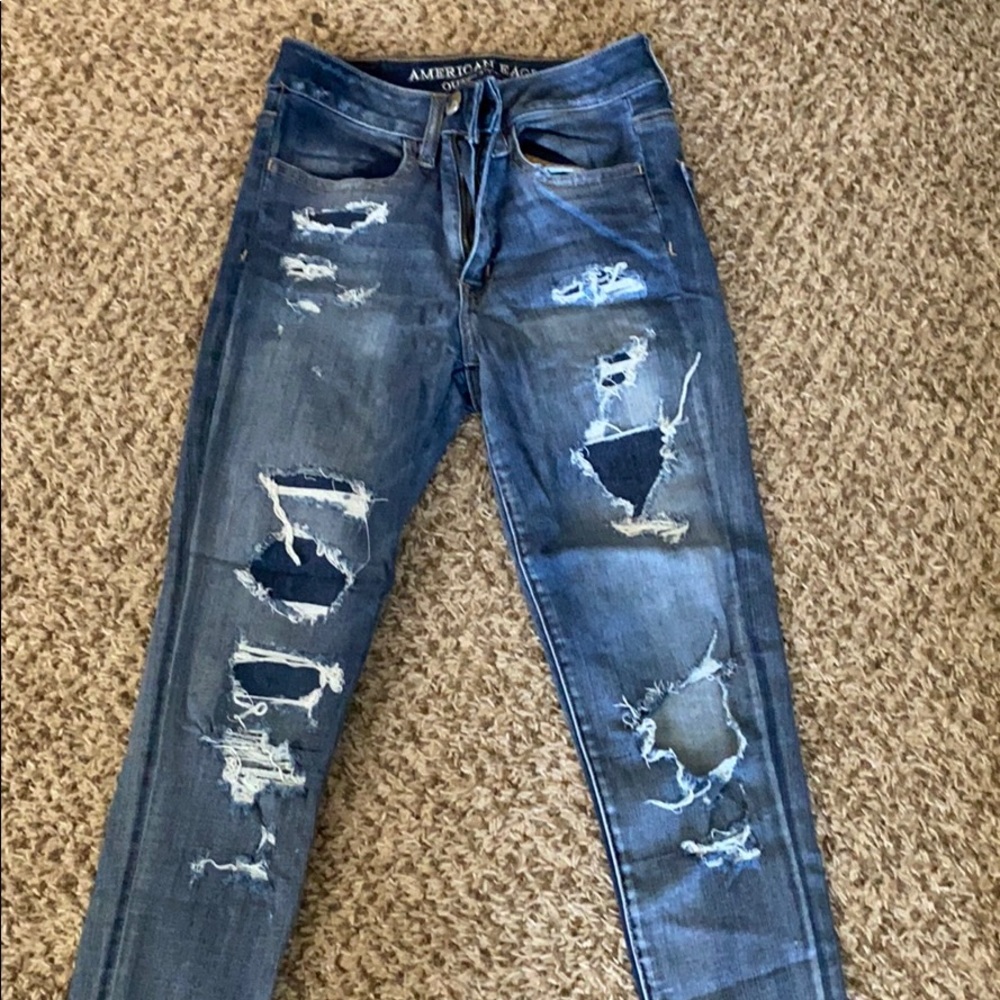high rise stretchy patch holey stretchy jeans